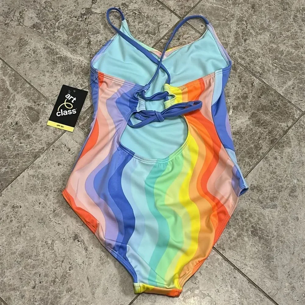 Art Class Target Girls Striped Wavy Fun One Piece Swimsuit NEW Size XL